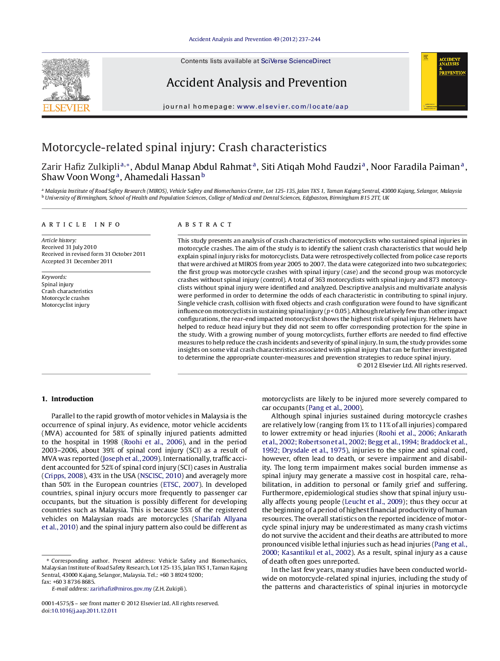 Motorcycle-related spinal injury: Crash characteristics