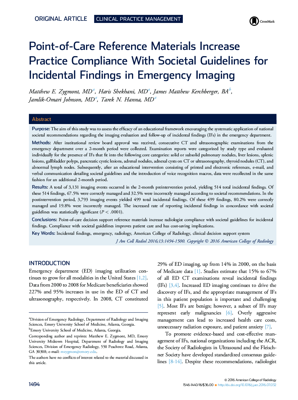 Original articleClinical practice managementPoint-of-Care Reference Materials Increase Practice Compliance With Societal Guidelines for Incidental Findings in Emergency Imaging