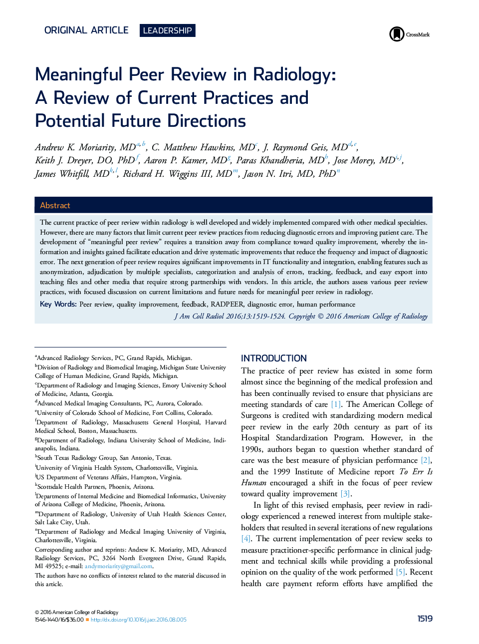 Original articleLeadershipMeaningful Peer Review in Radiology: AÂ Review of Current Practices and Potential Future Directions