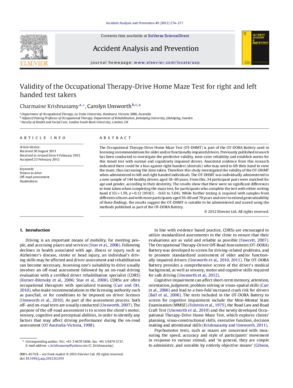 Validity of the Occupational Therapy-Drive Home Maze Test for right and left handed test takers