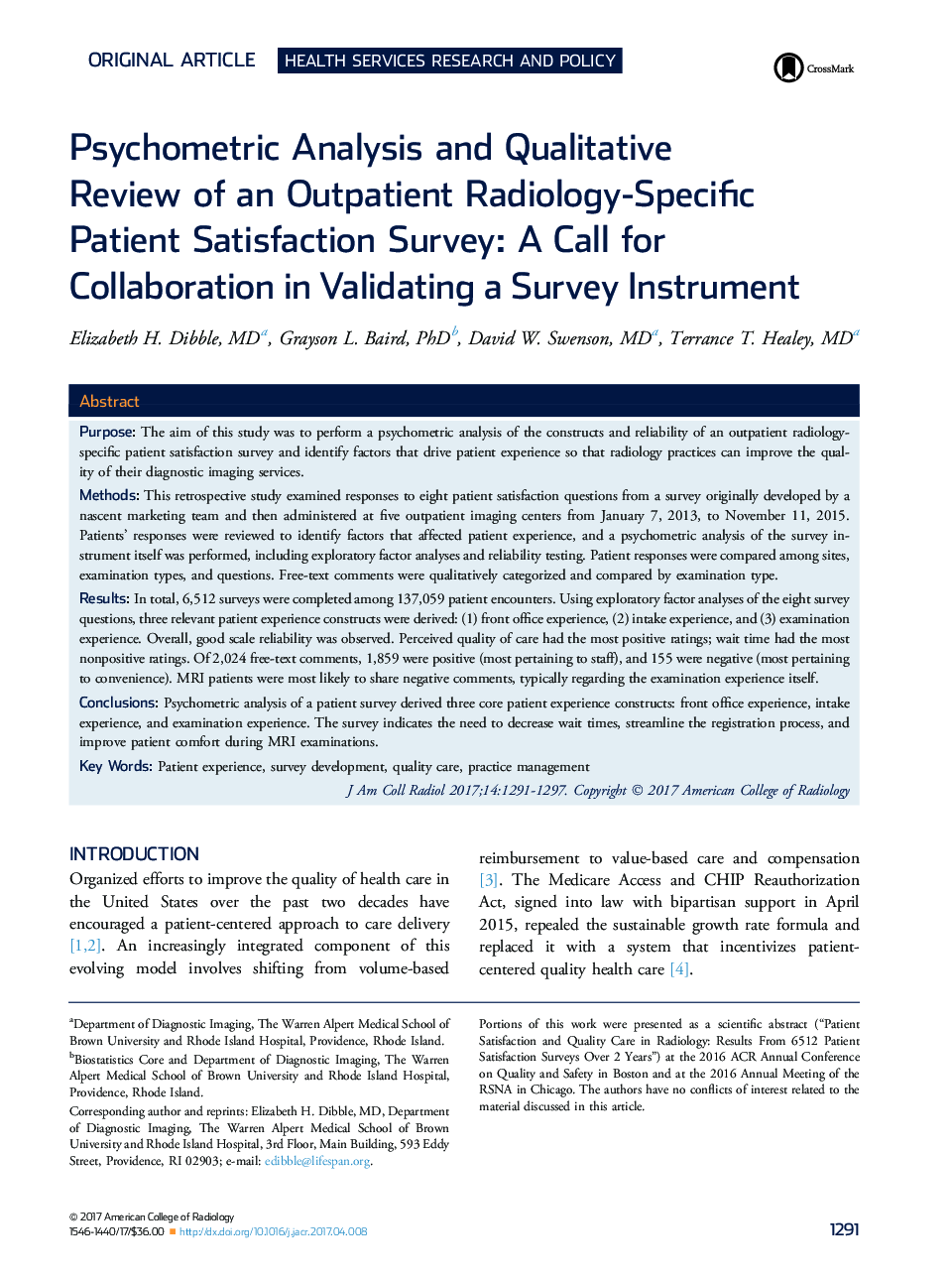 Psychometric Analysis and Qualitative ReviewÂ of an Outpatient Radiology-Specific Patient Satisfaction Survey: A Call for Collaboration in Validating a Survey Instrument