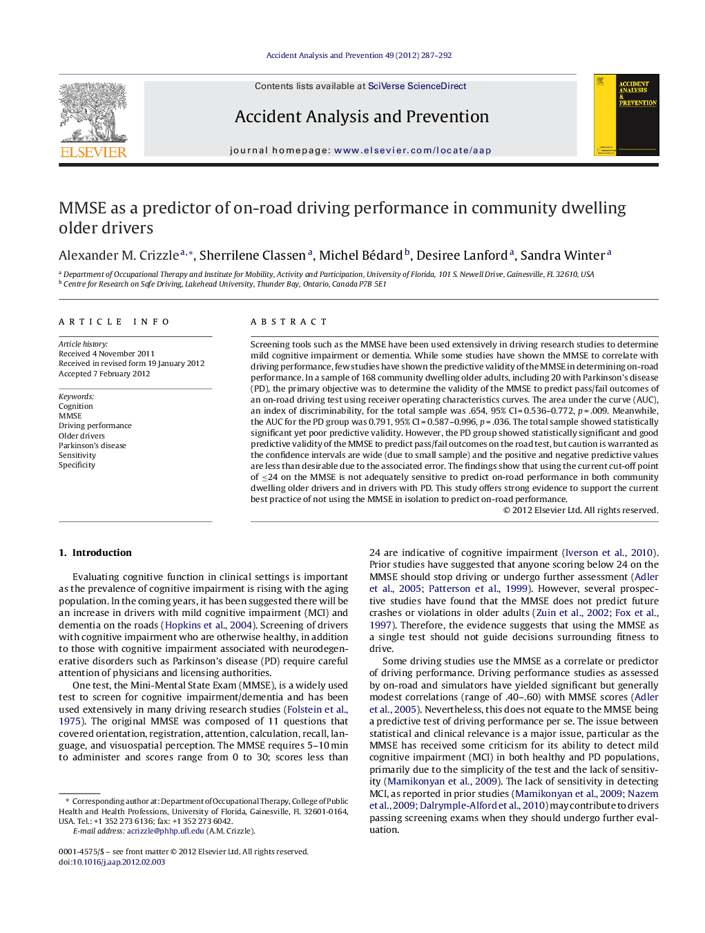 MMSE as a predictor of on-road driving performance in community dwelling older drivers