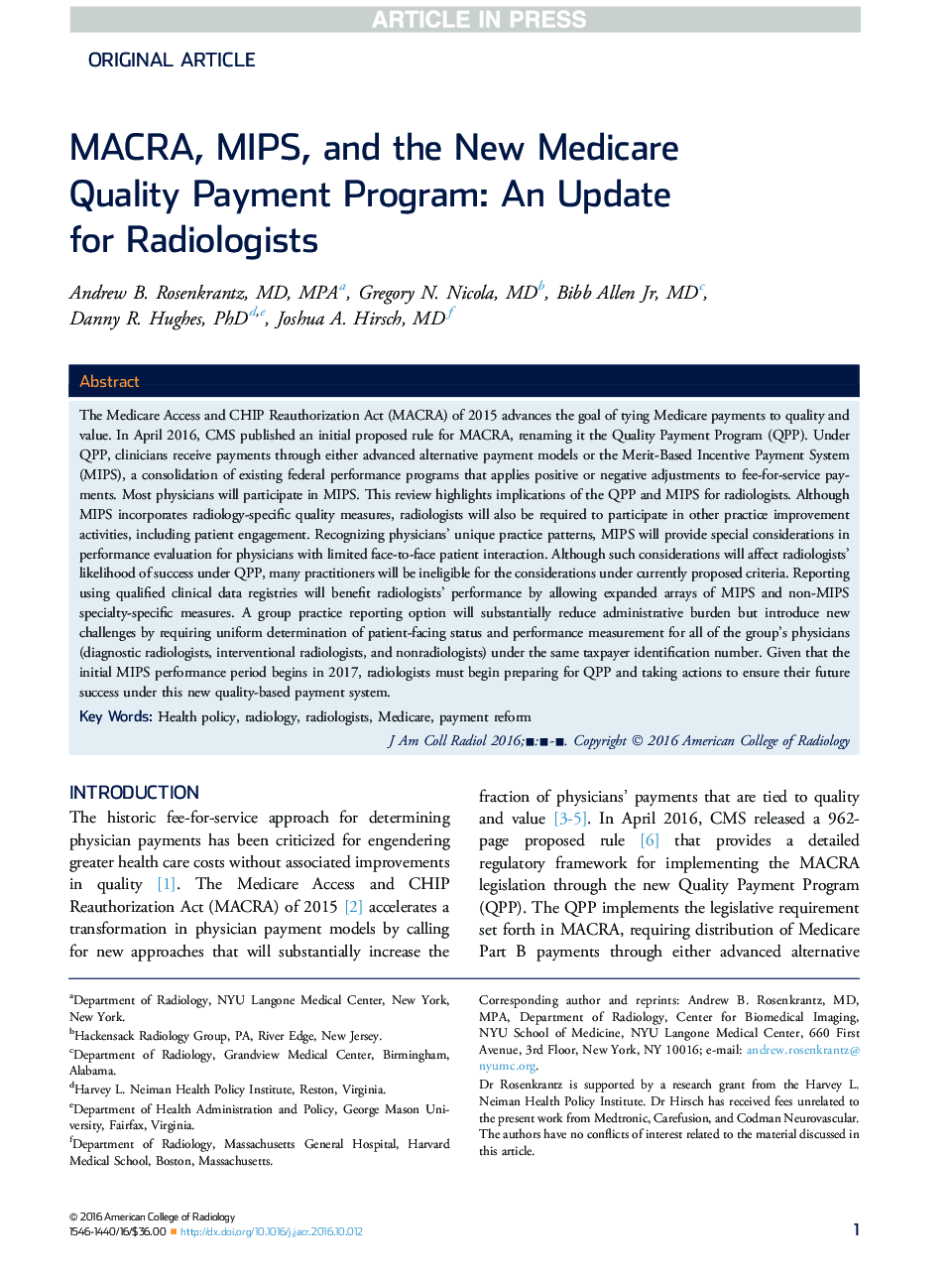 MACRA, MIPS, and the New Medicare Quality Payment Program: An Update forÂ Radiologists