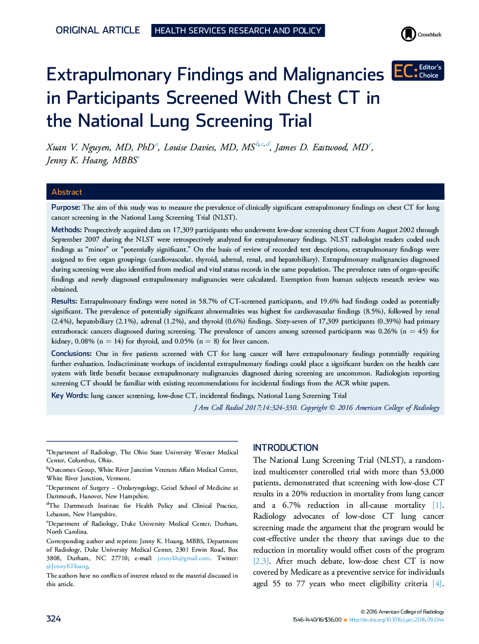 Extrapulmonary Findings and Malignancies in Participants Screened With Chest CT in the National Lung Screening Trial