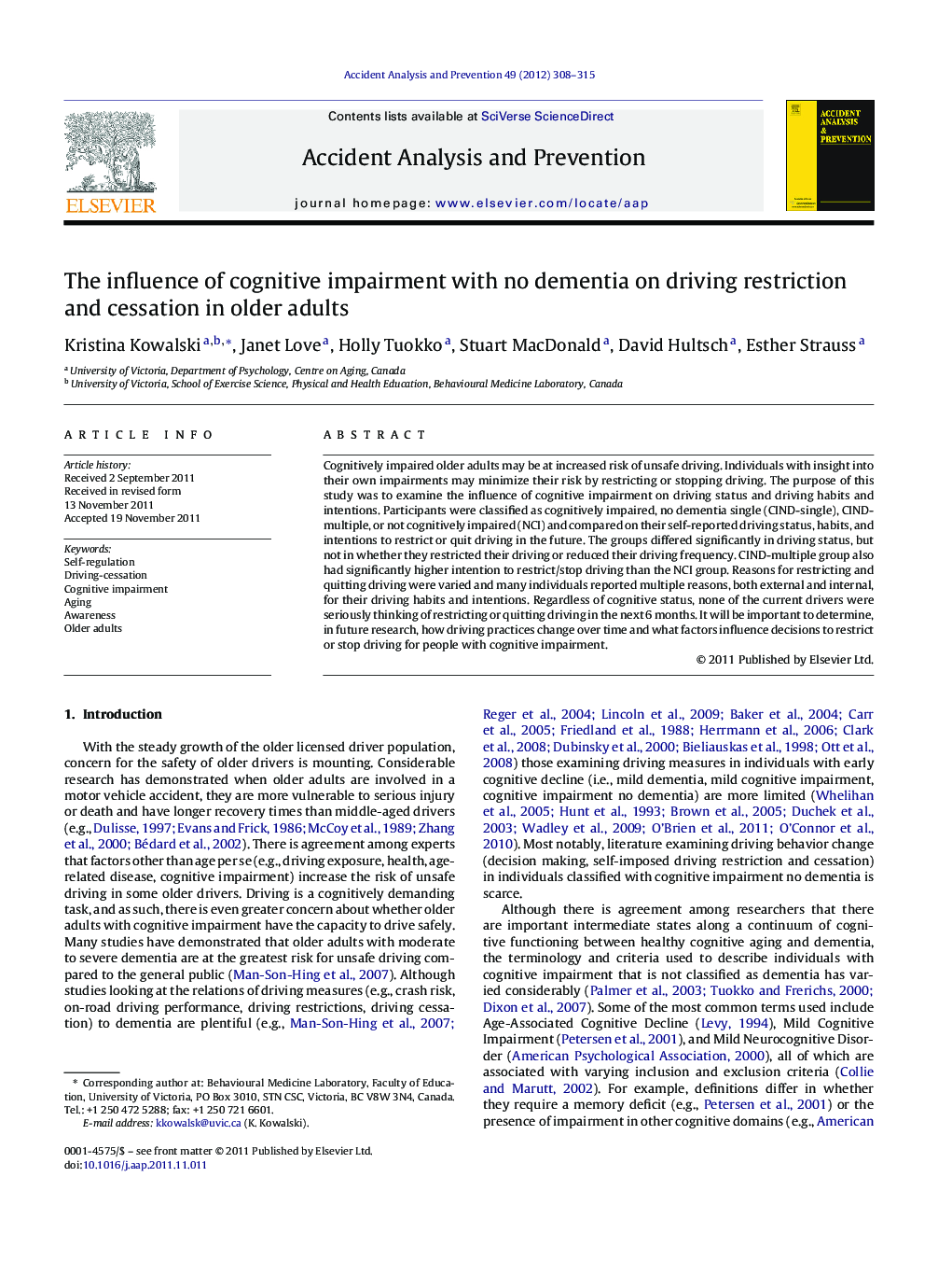 The influence of cognitive impairment with no dementia on driving restriction and cessation in older adults