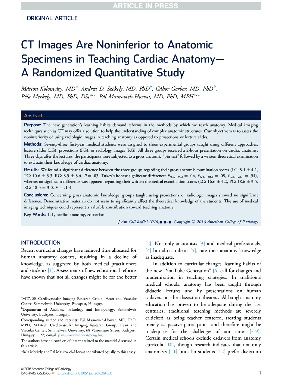 CT Images Are Noninferior to Anatomic Specimens in Teaching Cardiac Anatomy-A Randomized Quantitative Study