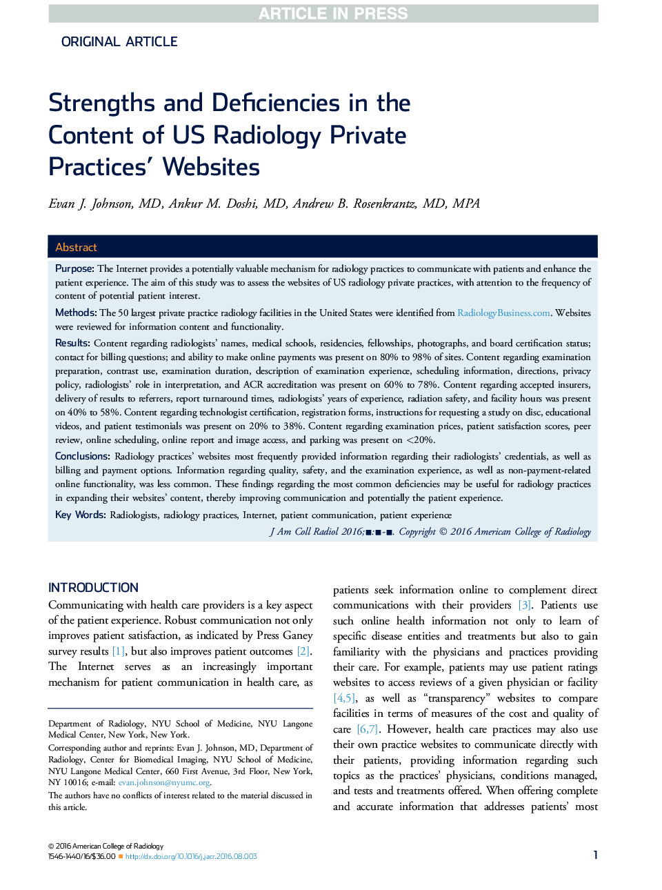 Strengths and Deficiencies in the ContentÂ of US Radiology Private Practices'Â Websites