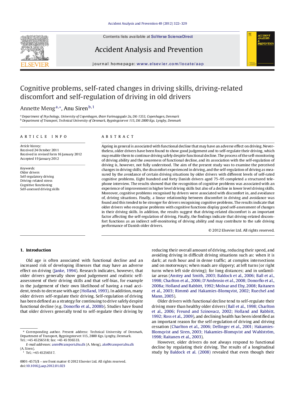 Cognitive problems, self-rated changes in driving skills, driving-related discomfort and self-regulation of driving in old drivers