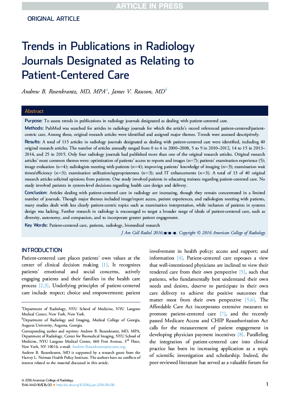 Trends in Publications in Radiology Journals Designated as Relating to Patient-Centered Care