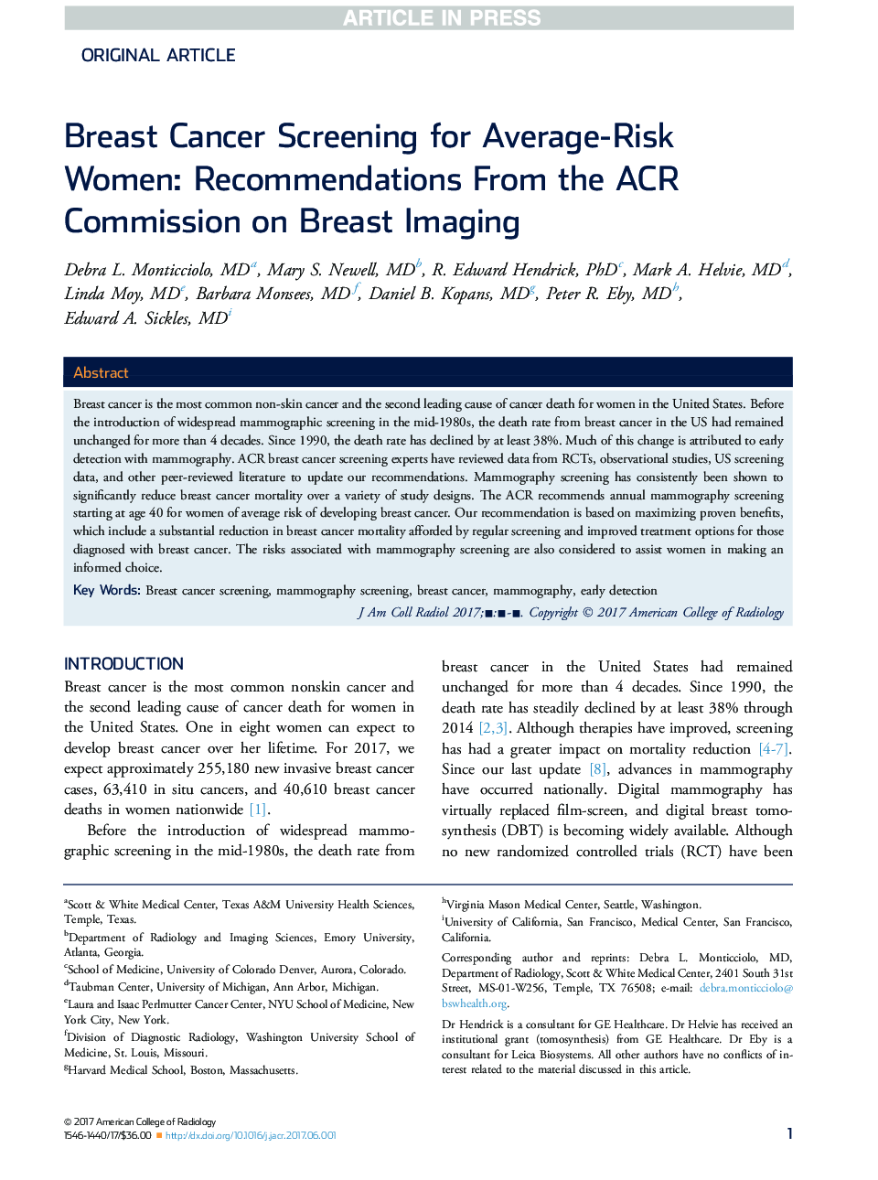 Breast Cancer Screening for Average-Risk Women: Recommendations From the ACR Commission on Breast Imaging