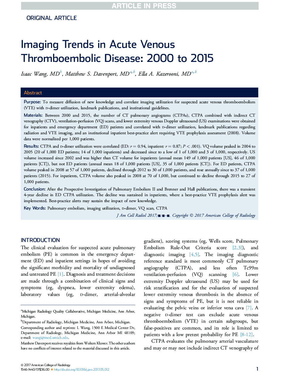 روند تصویربرداری در بیماری ترومبوآمبولیک حاد حاد: 2000 تا 2015 