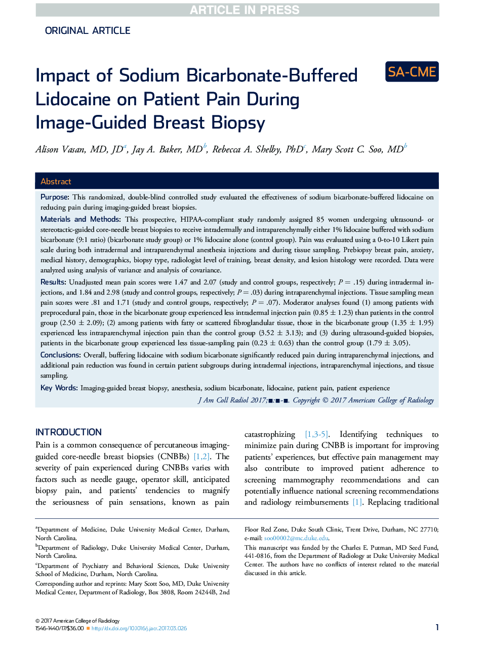 Impact of Sodium Bicarbonate-Buffered Lidocaine on Patient Pain During Image-Guided Breast Biopsy