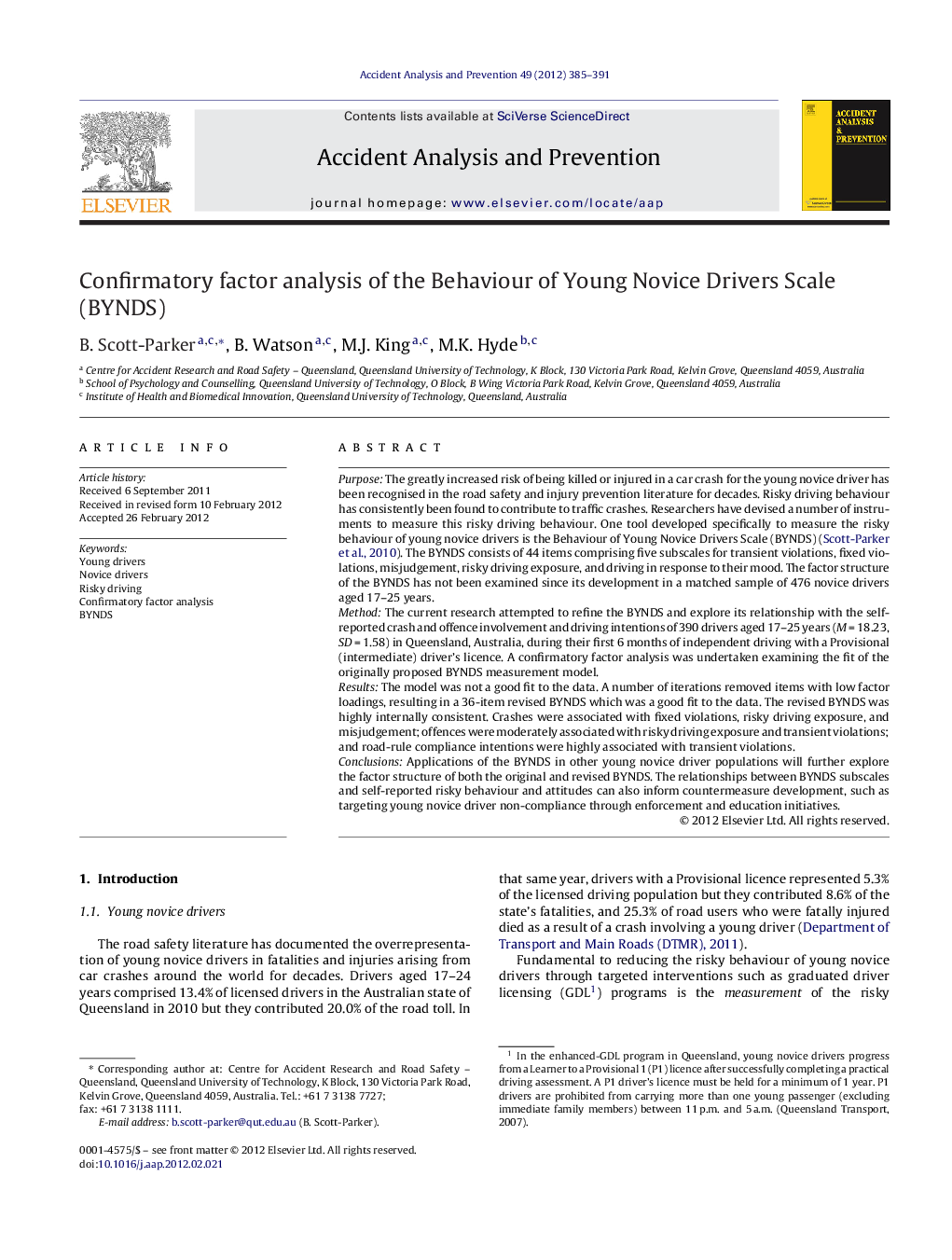 Confirmatory factor analysis of the Behaviour of Young Novice Drivers Scale (BYNDS)