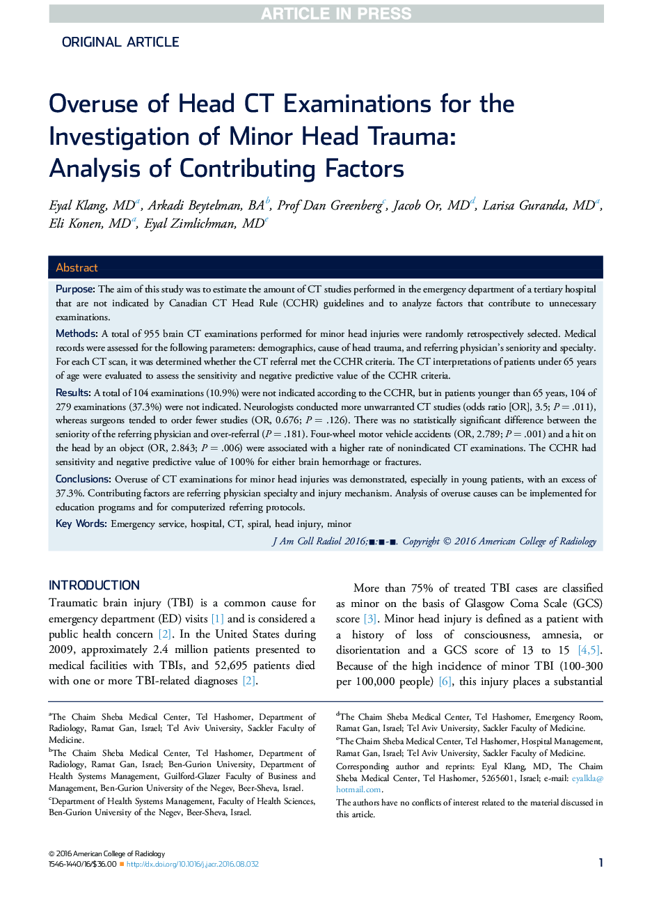 Overuse of Head CT Examinations for the Investigation of Minor Head Trauma: Analysis of Contributing Factors