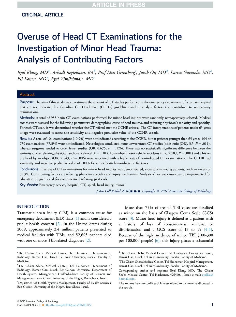عکس صفحه اول مقاله: Overuse of Head CT Examinations for the Investigation of Minor Head Trauma: Analysis of Contributing Factors Overuse of Head CT Examinations for the Investigation of Minor Head Trauma: Analysis of Contributing Factors