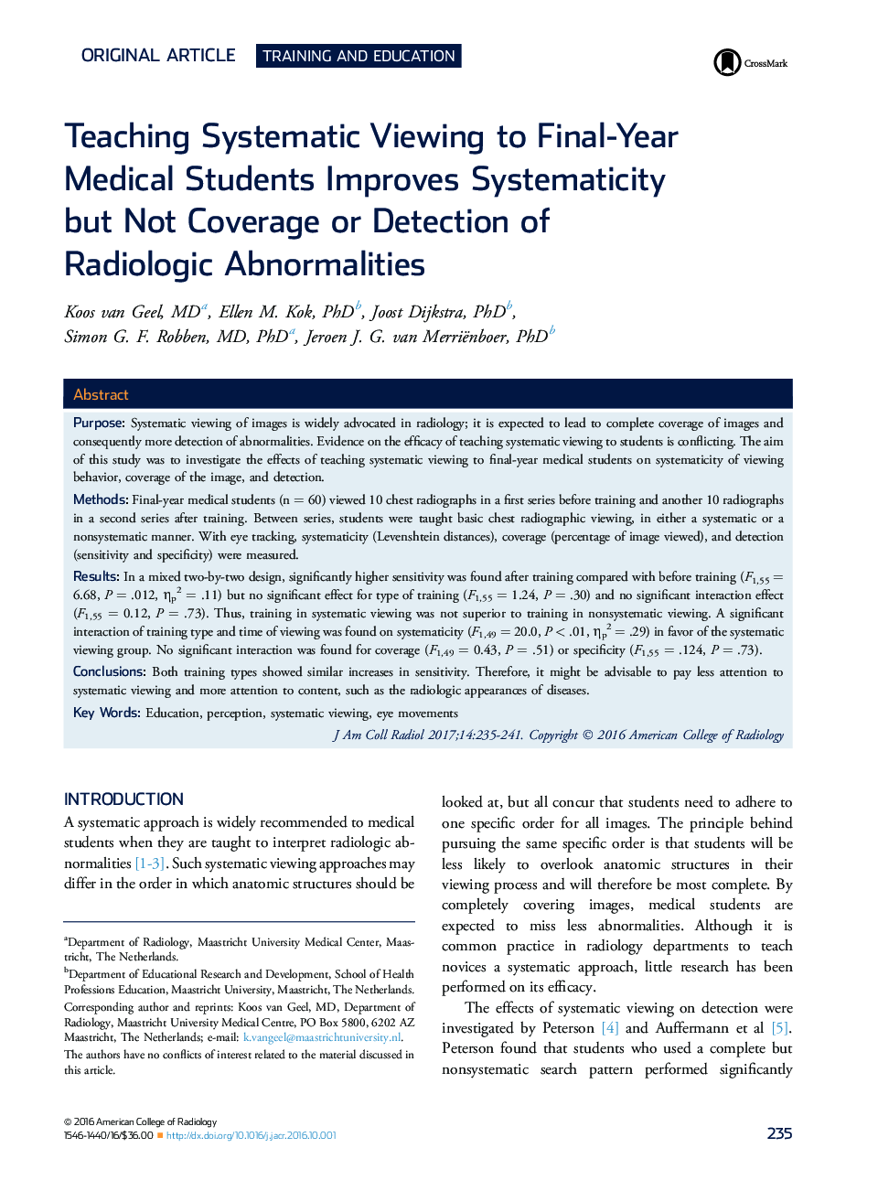 Teaching Systematic Viewing to Final-Year Medical Students Improves Systematicity but Not Coverage or Detection of Radiologic Abnormalities