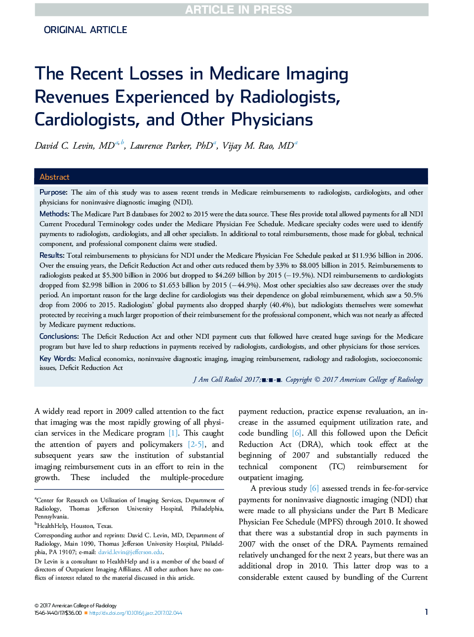 The Recent Losses in Medicare Imaging Revenues Experienced by Radiologists, Cardiologists, and Other Physicians