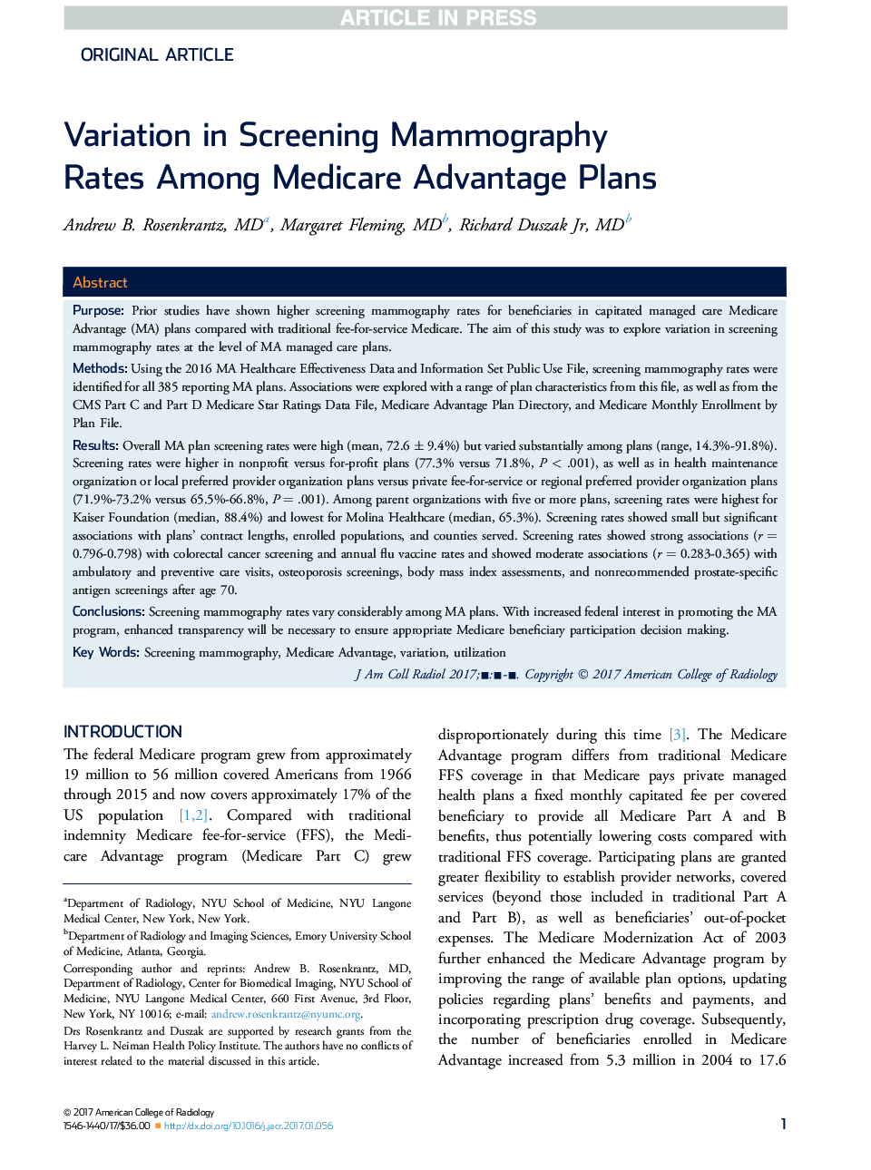 Variation in Screening Mammography Rates Among Medicare Advantage Plans