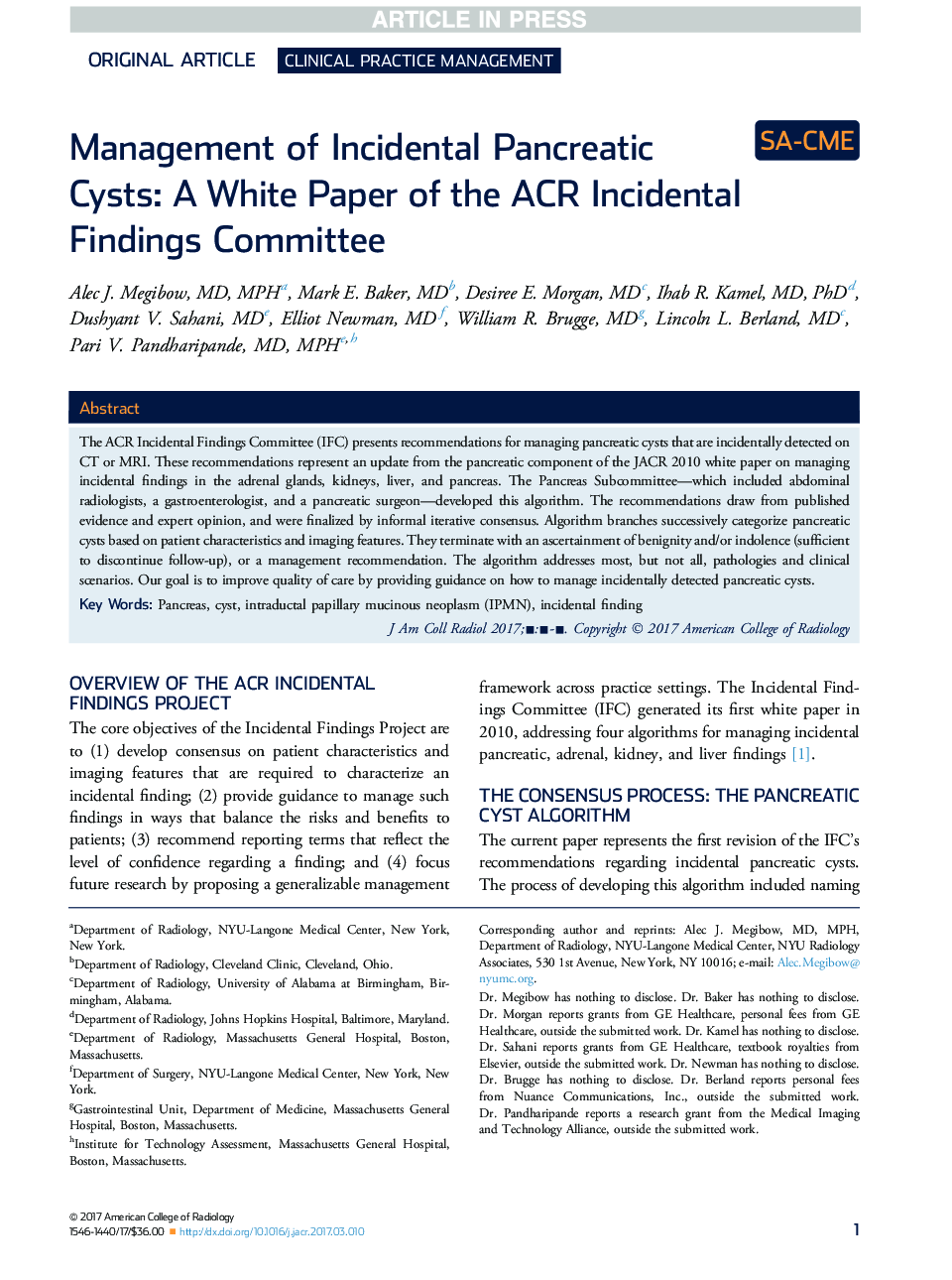Management of Incidental Pancreatic Cysts: A White Paper of the ACR Incidental Findings Committee