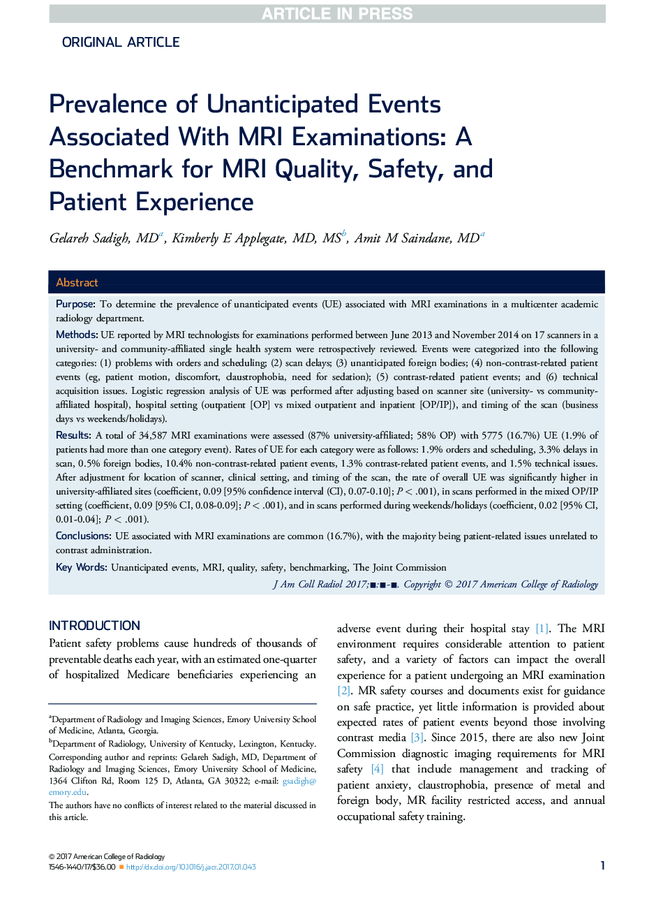 Prevalence of Unanticipated Events Associated With MRI Examinations: A Benchmark for MRI Quality, Safety, and Patient Experience