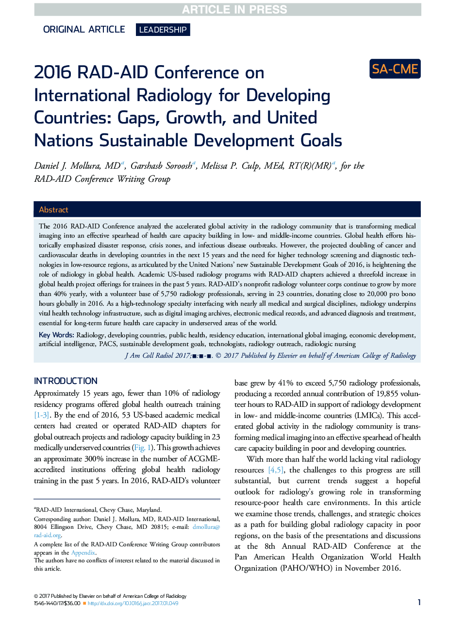 2016 RAD-AID Conference on InternationalÂ Radiology for Developing Countries: Gaps, Growth, and United Nations Sustainable Development Goals