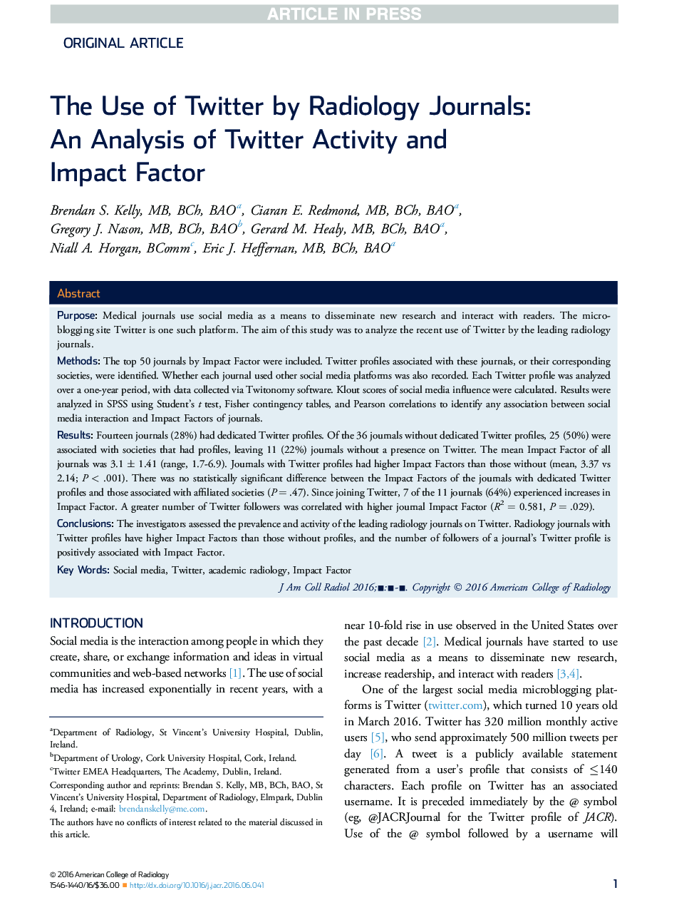The Use of Twitter by Radiology Journals: An Analysis of Twitter Activity and ImpactÂ Factor