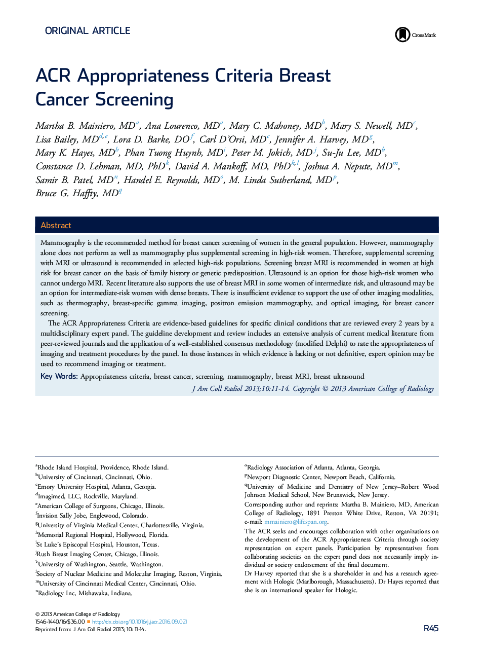 ACR Appropriateness Criteria Breast Cancer Screening