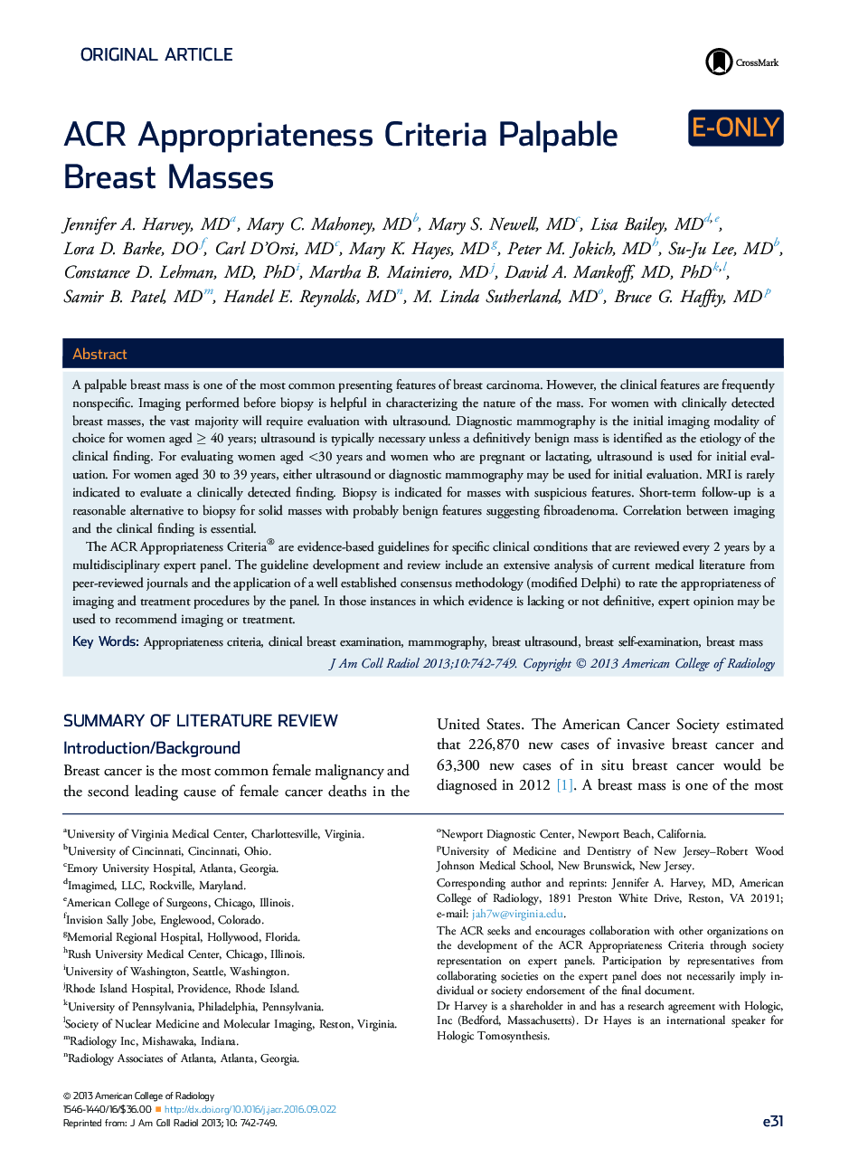 ACR Appropriateness Criteria Palpable Breast Masses