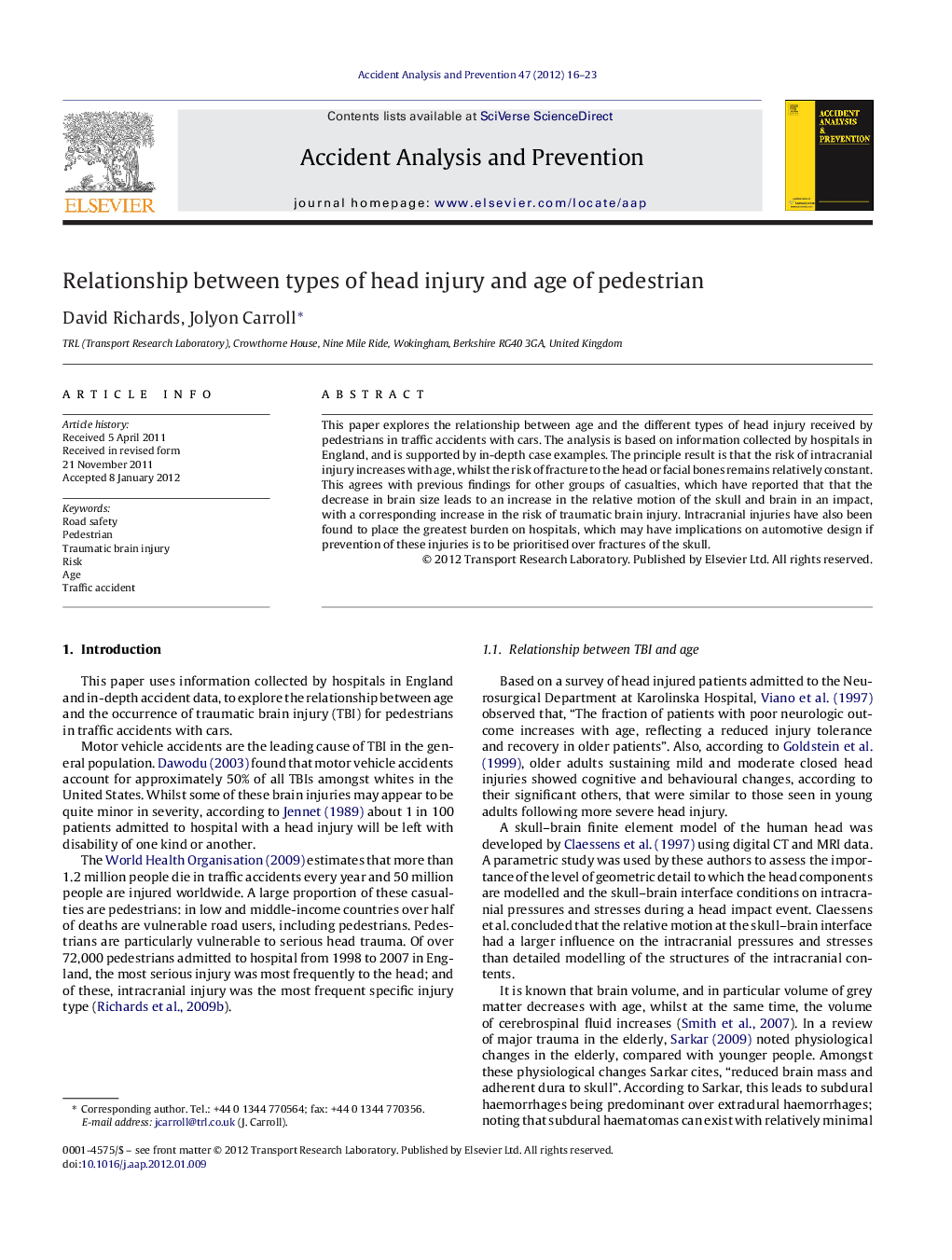 Relationship between types of head injury and age of pedestrian