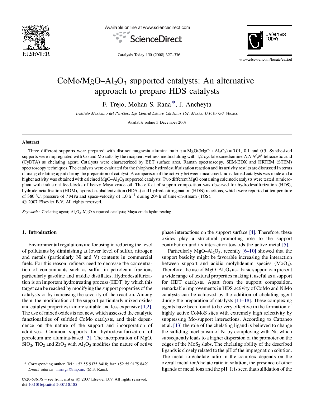 عکس صفحه اول مقاله: CoMo/MgO–Al2O3 supported catalysts: An alternative approach to prepare HDS catalysts CoMo/MgO–Al2O3 supported catalysts: An alternative approach to prepare HDS catalysts