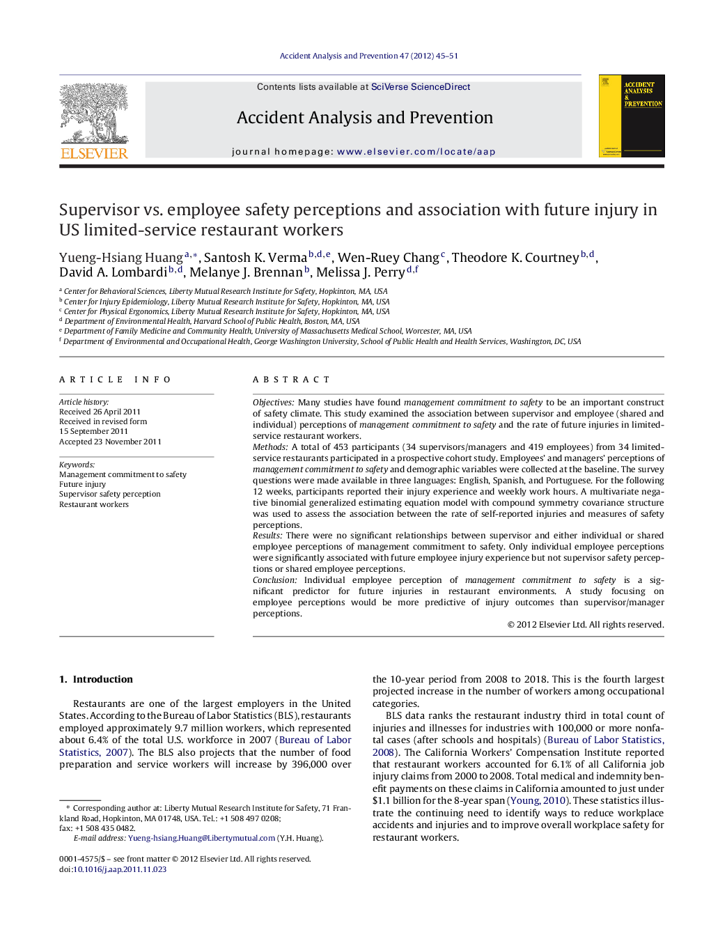 Supervisor vs. employee safety perceptions and association with future injury in US limited-service restaurant workers