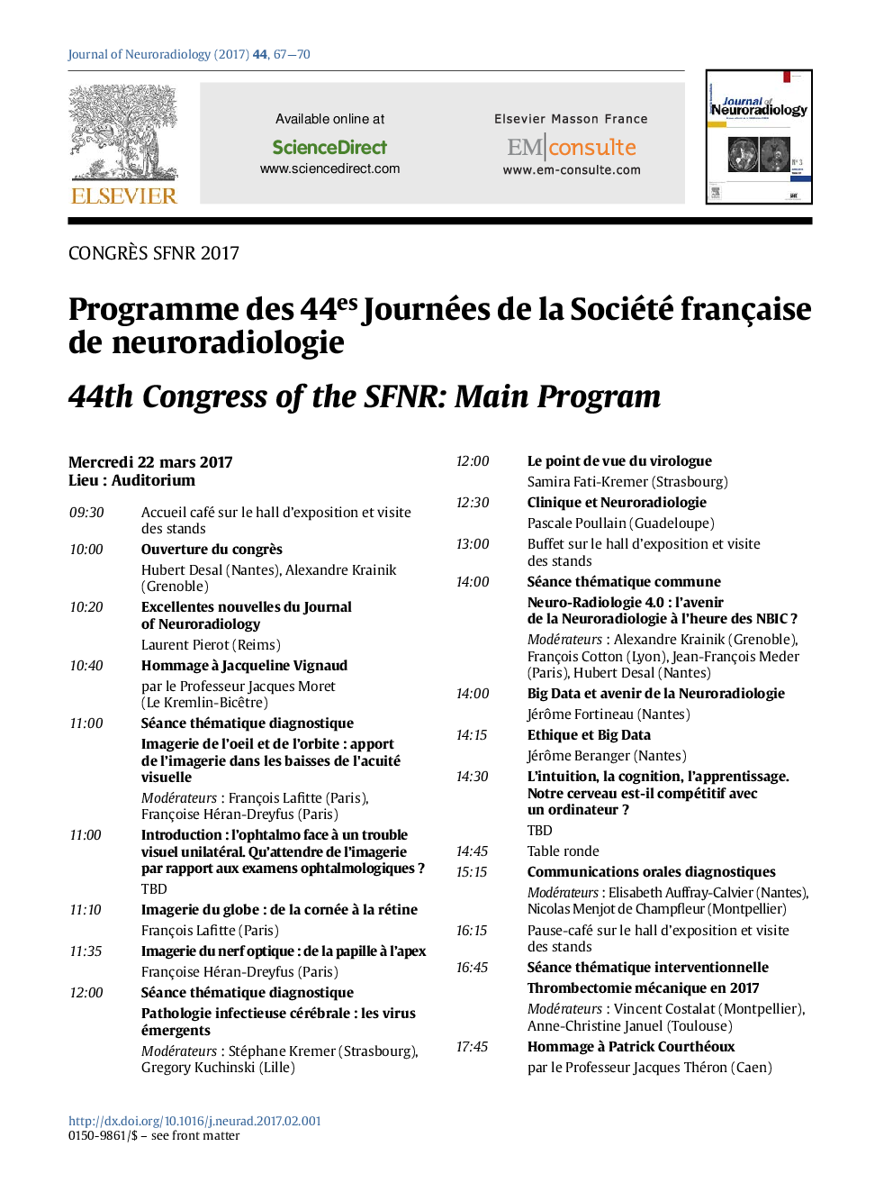 Programme des 44e Journée de la Société française de neuroradiologie
