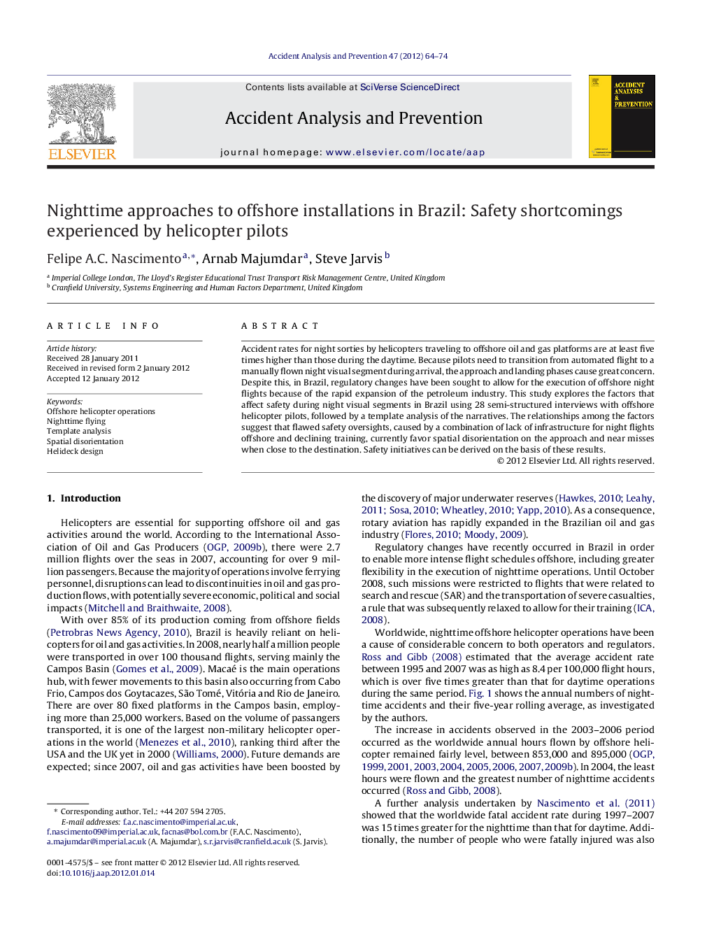 Nighttime approaches to offshore installations in Brazil: Safety shortcomings experienced by helicopter pilots