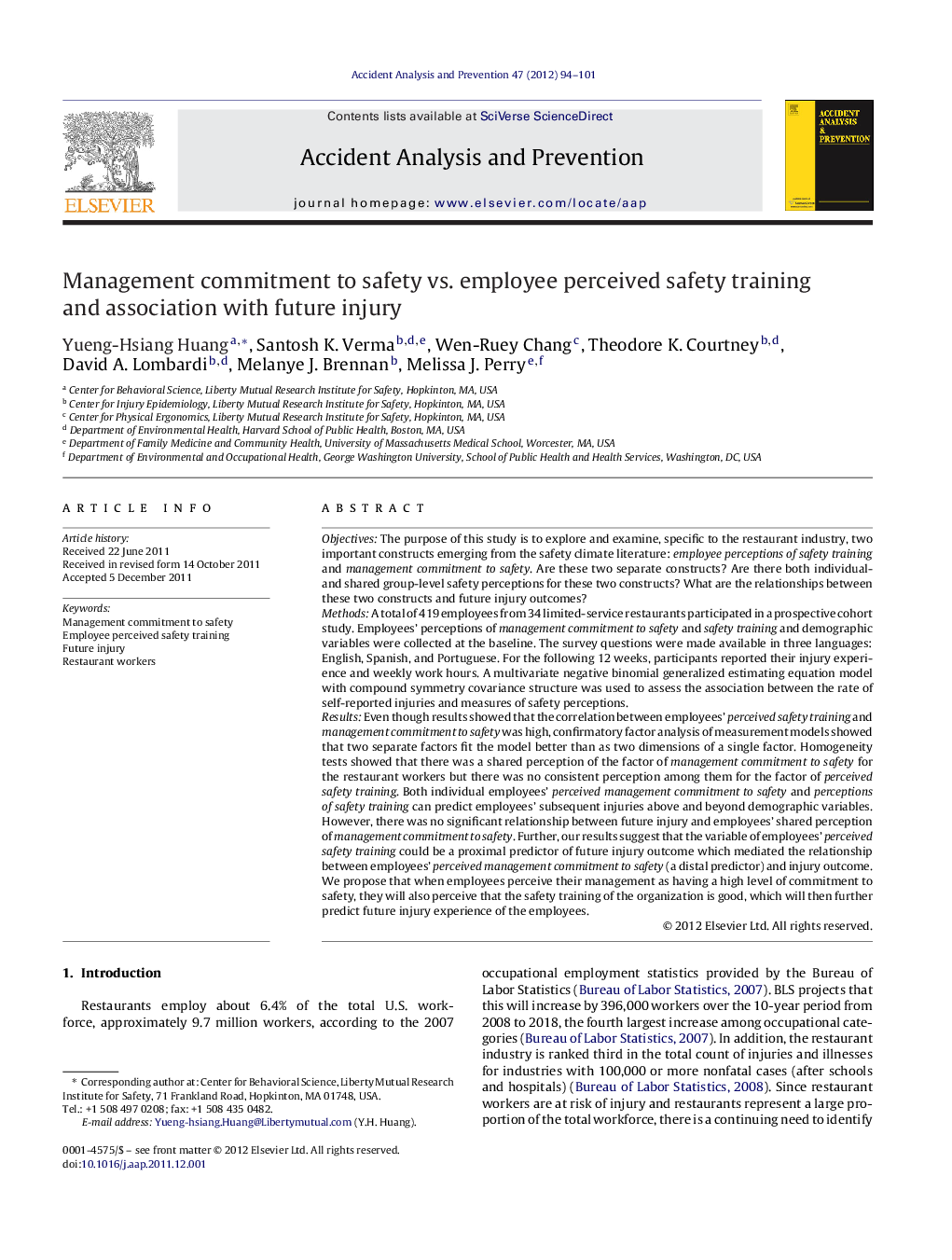 Management commitment to safety vs. employee perceived safety training and association with future injury