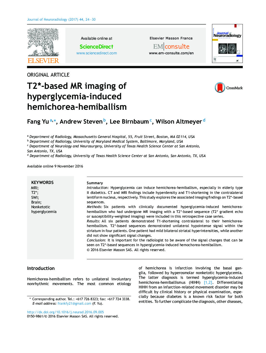 Original ArticleT2*-based MR imaging of hyperglycemia-induced hemichorea-hemiballism