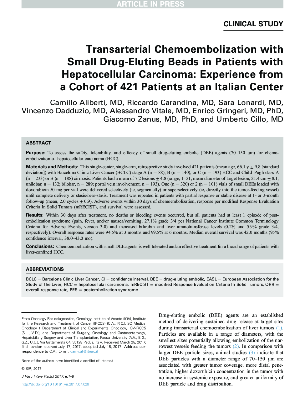 Transarterial Chemoembolization with Small Drug-Eluting Beads in Patients with Hepatocellular Carcinoma: Experience from a Cohort of 421 Patients at an Italian Center