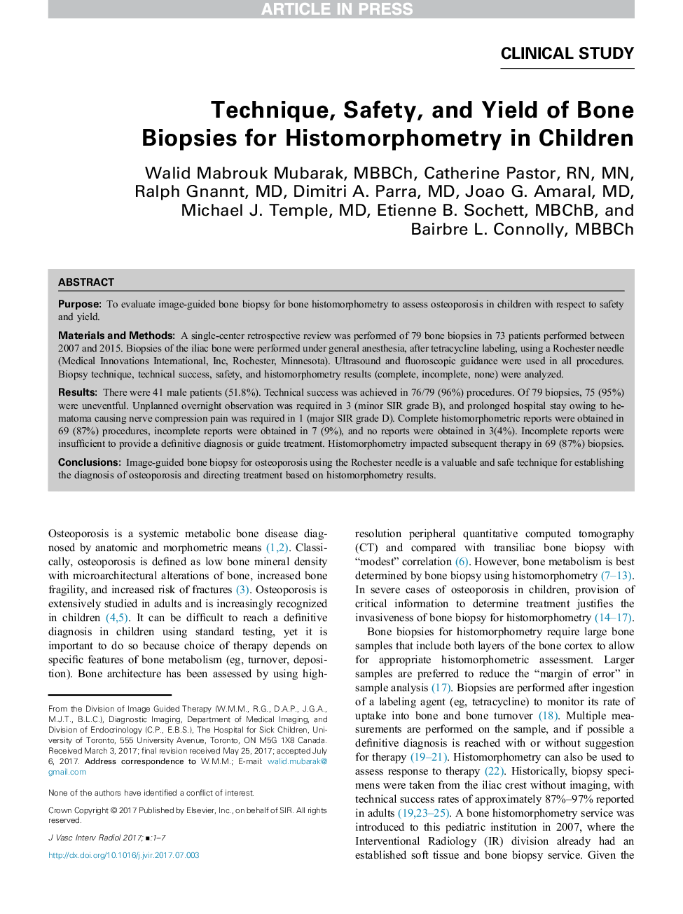 Technique, Safety, and Yield of Bone Biopsies for Histomorphometry in Children