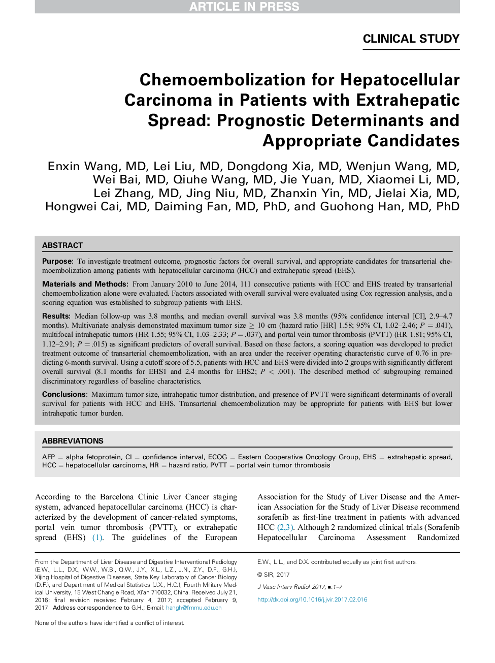 Chemoembolization for Hepatocellular Carcinoma in Patients with Extrahepatic Spread: Prognostic Determinants and Appropriate Candidates