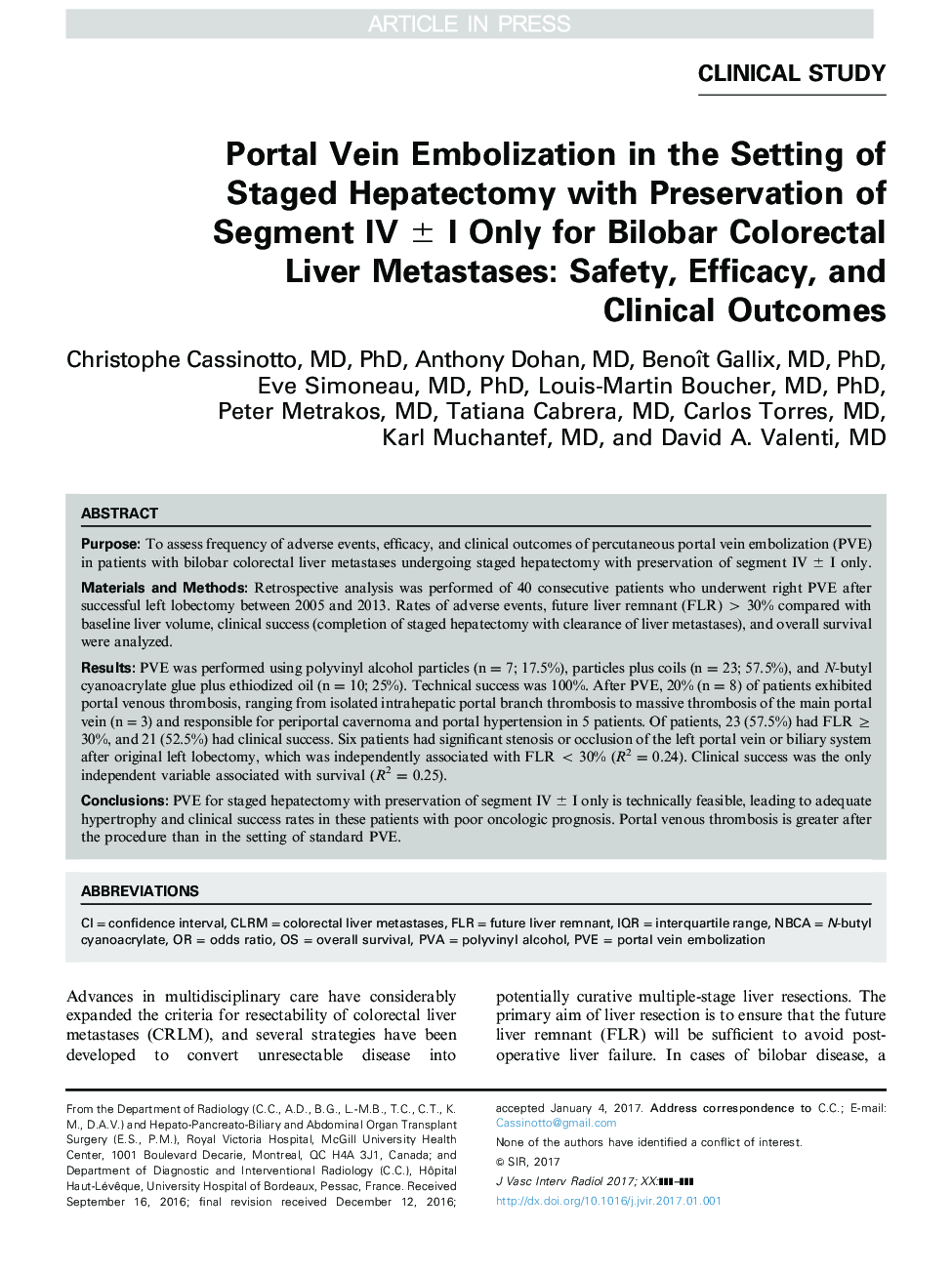 Portal Vein Embolization in the Setting of Staged Hepatectomy with Preservation of Segment IV Â± I Only for Bilobar Colorectal Liver Metastases: Safety, Efficacy, and Clinical Outcomes