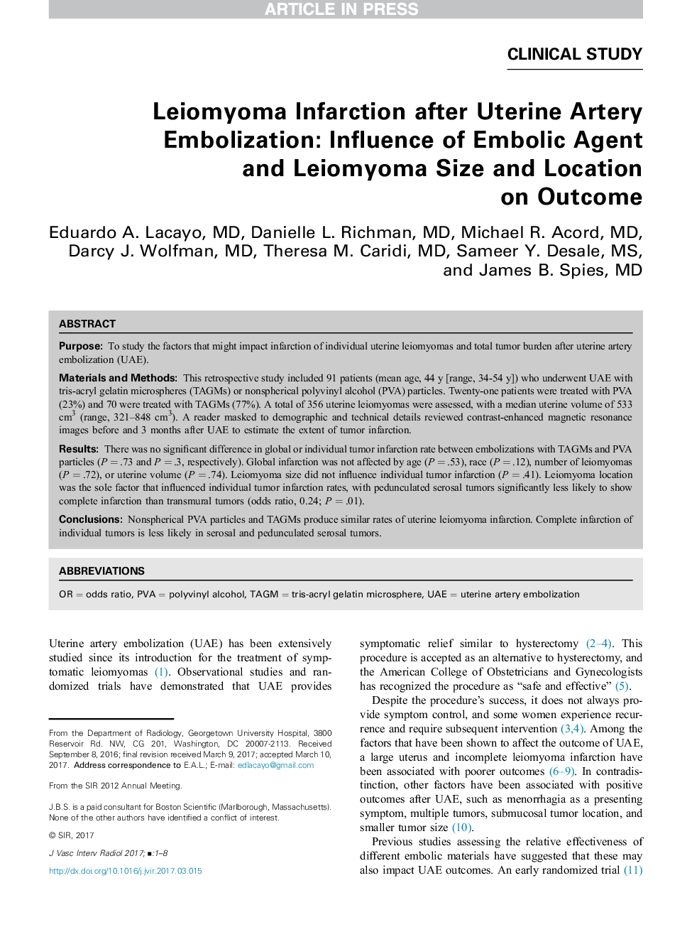 Leiomyoma Infarction after Uterine Artery Embolization: Influence of Embolic Agent and Leiomyoma Size and Location onÂ Outcome