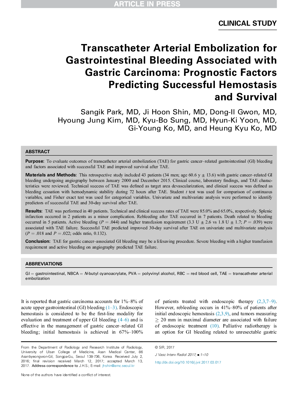 Transcatheter Arterial Embolization for Gastrointestinal Bleeding Associated with Gastric Carcinoma: Prognostic Factors Predicting Successful Hemostasis andÂ Survival