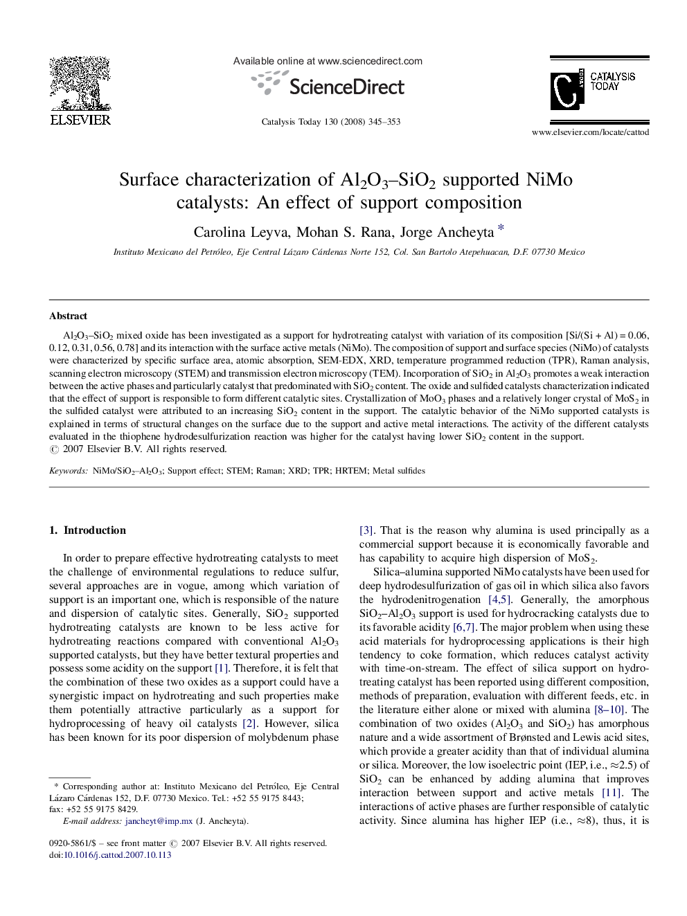 Surface characterization of Al2O3–SiO2 supported NiMo catalysts: An effect of support composition