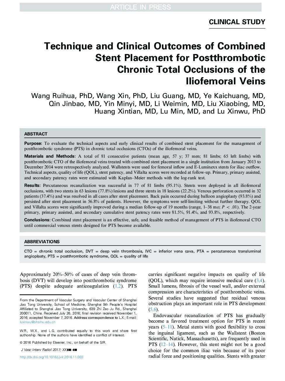 Technique and Clinical Outcomes of Combined Stent Placement for Postthrombotic Chronic Total Occlusions of the Iliofemoral Veins