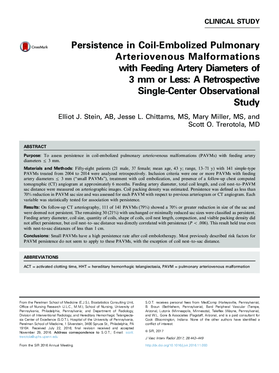 Persistence in Coil-Embolized Pulmonary Arteriovenous Malformations with Feeding Artery Diameters of 3 mm or Less: A Retrospective Single-Center Observational Study