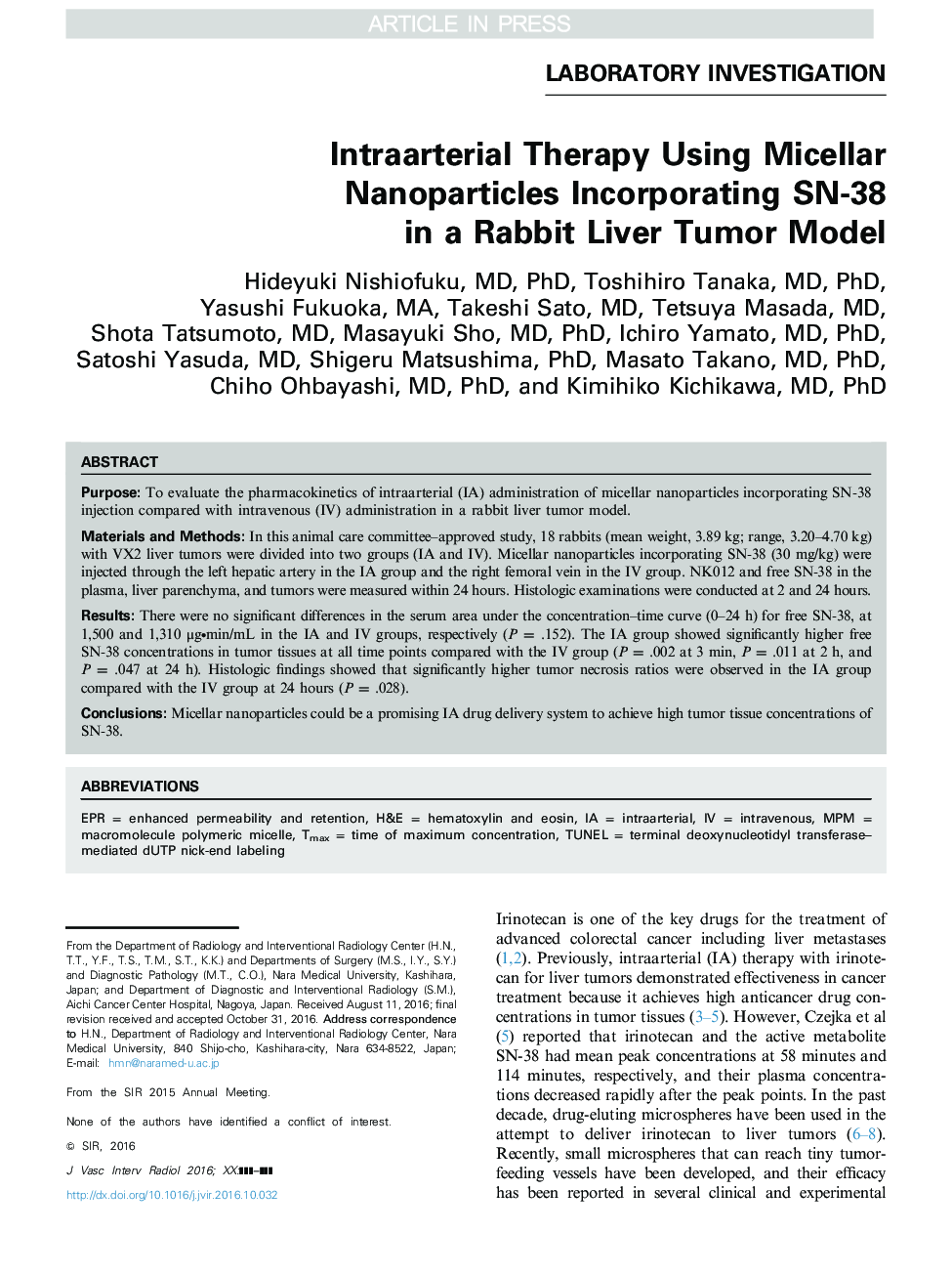 Intraarterial Therapy Using Micellar Nanoparticles Incorporating SN-38 in a Rabbit Liver Tumor Model