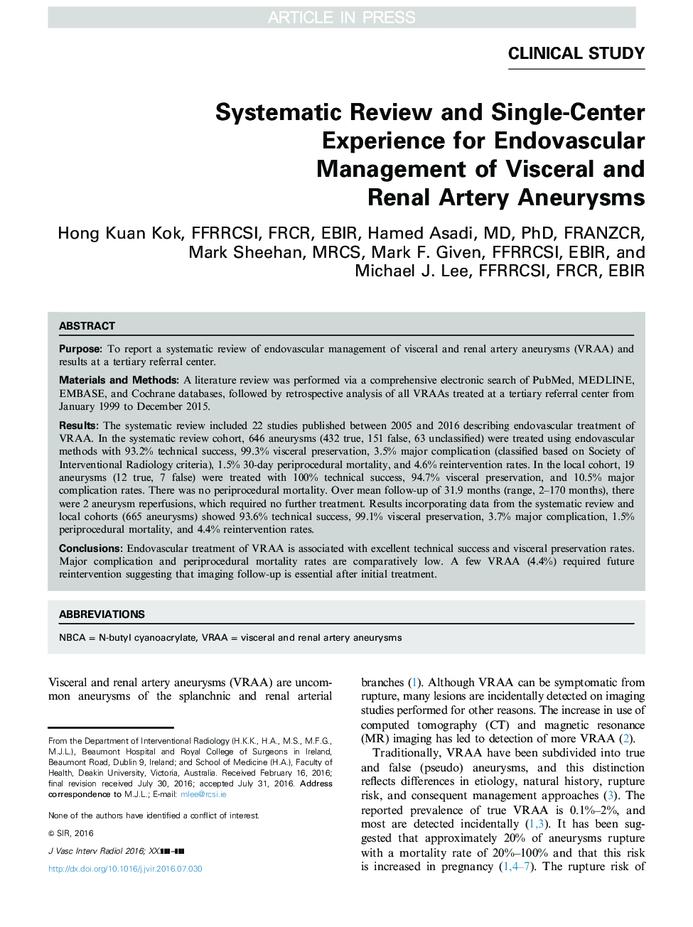 Systematic Review and Single-Center Experience for Endovascular Management of Visceral and Renal Artery Aneurysms