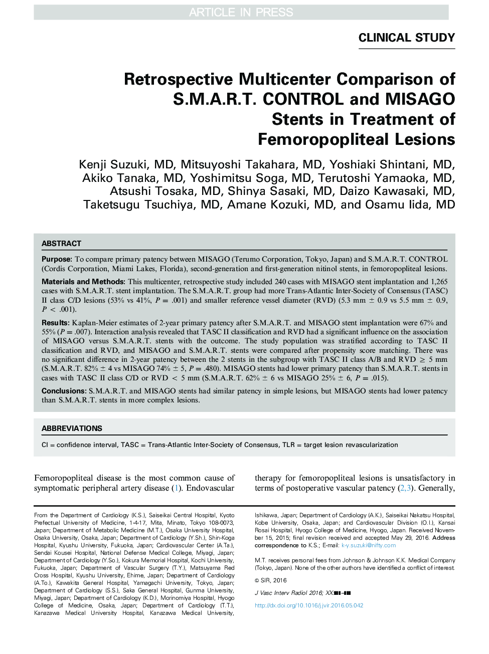 Retrospective Multicenter Comparison of S.M.A.R.T. CONTROL and MISAGO Stents in Treatment of Femoropopliteal Lesions