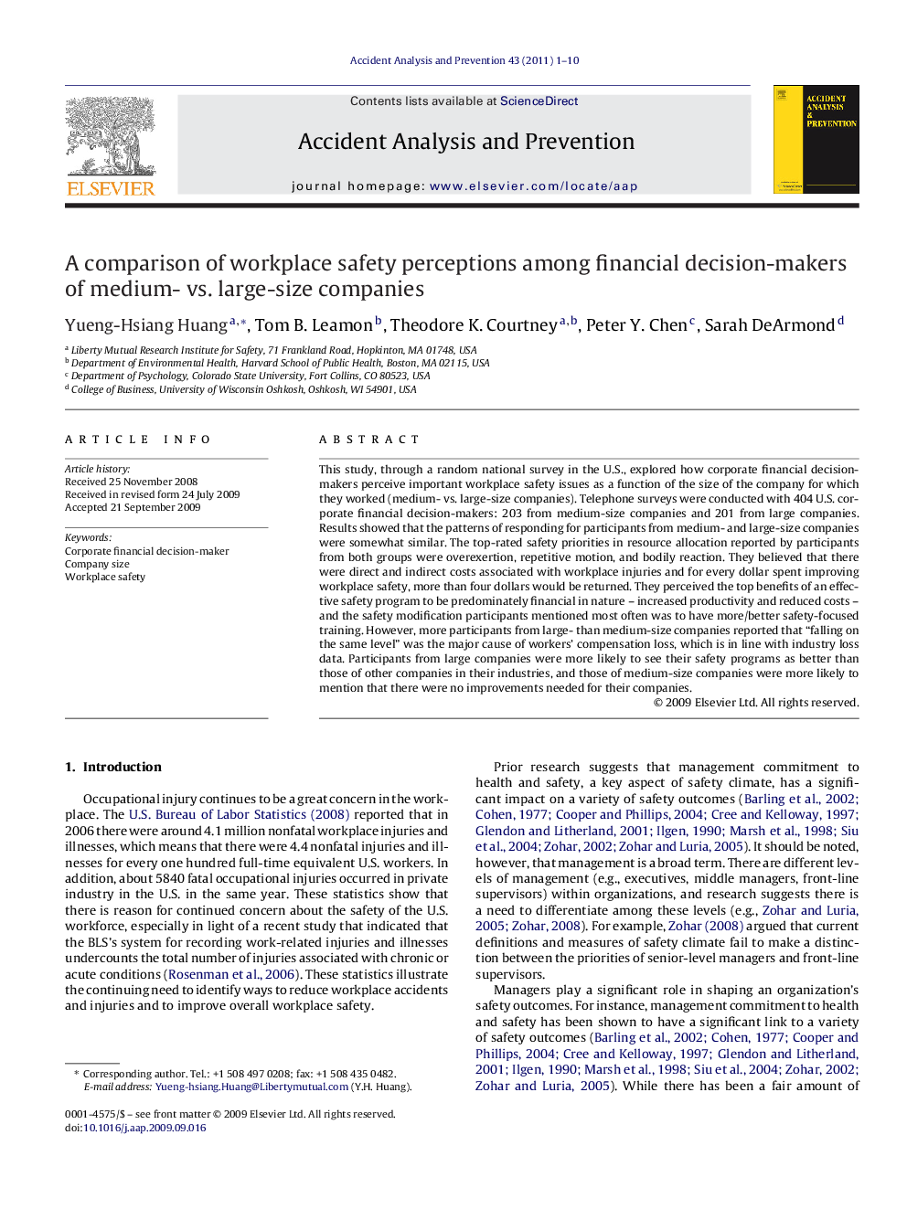 A comparison of workplace safety perceptions among financial decision-makers of medium- vs. large-size companies