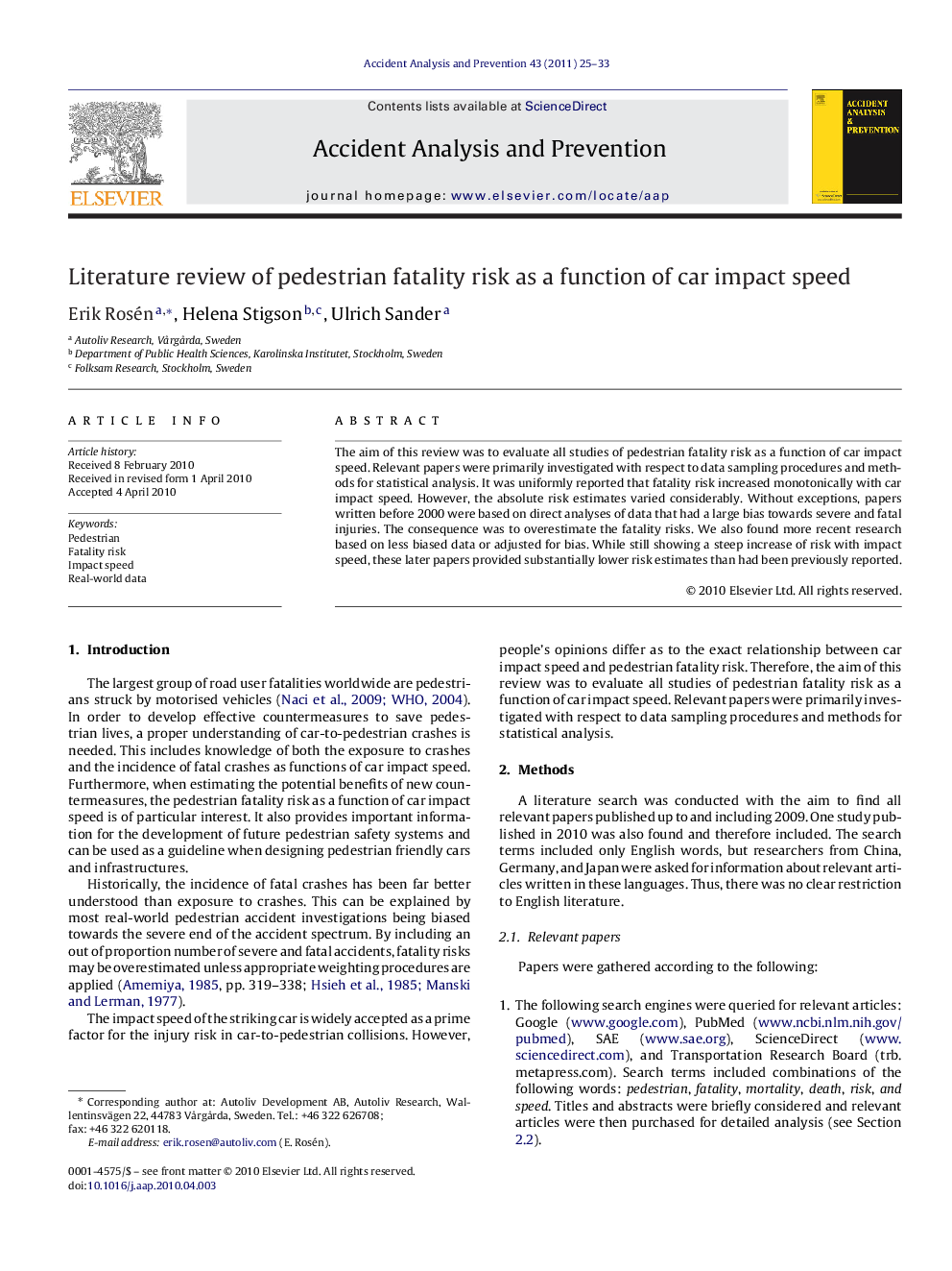 Literature review of pedestrian fatality risk as a function of car impact speed