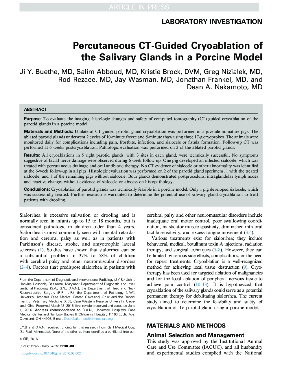 Percutaneous CT-Guided Cryoablation of the Salivary Glands in a Porcine Model